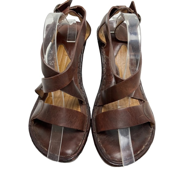 BORN Genuine Leather Strappy Wedge Sandals Slingback Warm Brown Shoes sz 10 - Picture 3 of 16